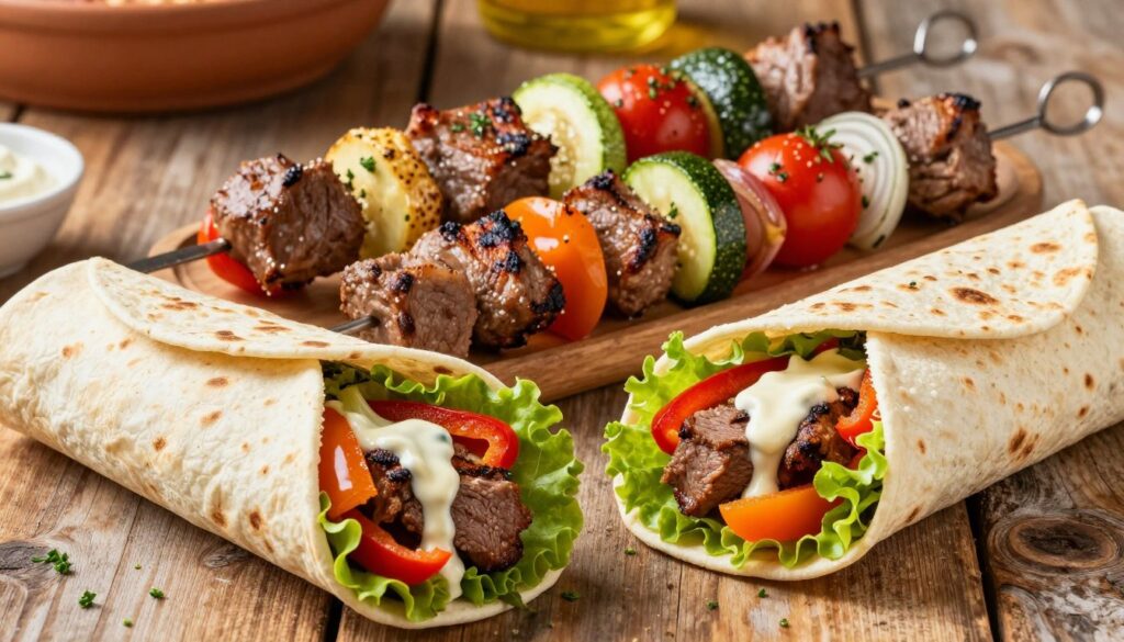 A vibrant and appetizing arrangement of a kebab served in various styles, including a classic pita pocket, a soft tortilla wrap, and a plated kebab skewer showcasing fresh ingredients. In the foreground, the pita is stuffed with juicy grilled meat, colorful bell peppers, crisp lettuce, and a drizzle of creamy sauce. The tortilla features similar fillings, elegantly rolled. In the middle, a kebab skewer showcases large, grilled chunks of meat interspersed with vegetables like zucchini, cherry tomatoes, and onion, garnished with fresh herbs. The background displays a rustic wooden table setting, softly lit with warm lighting that enhances the textures of the ingredients. The mood is inviting and appetizing, perfect for food lovers. There are no people in the image, ensuring focus remains on the food.