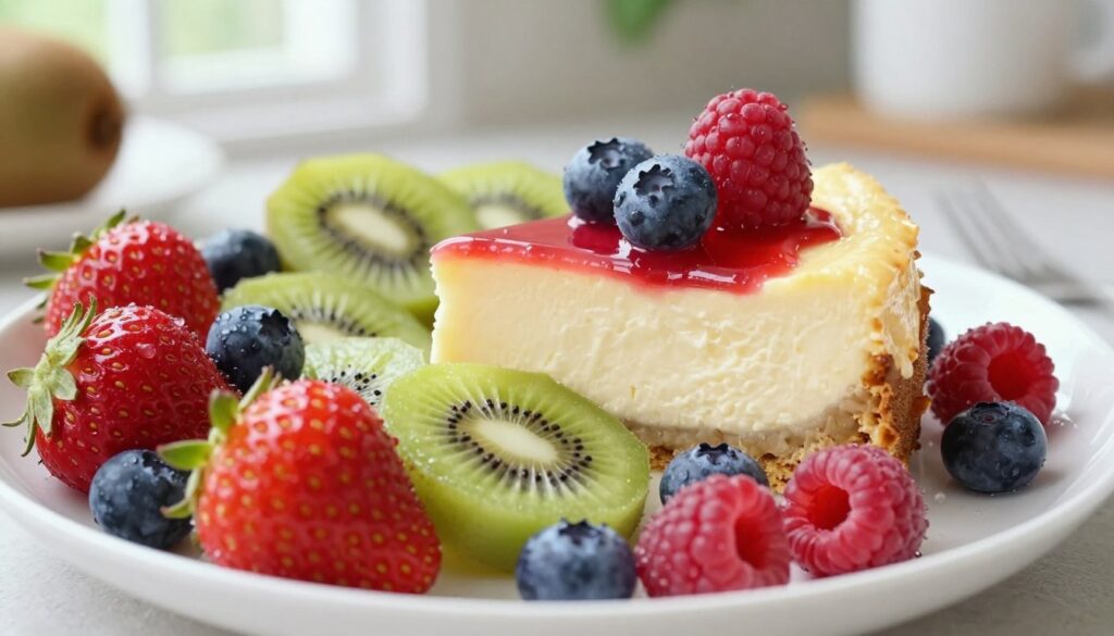 A vibrant and colorful arrangement of fresh fruits that enhance the flavor and texture of cheesecake, showcasing strawberries, blueberries, kiwis, and raspberries scattered artistically on a clean white dish. In the foreground, juicy fruits glisten with dew, capturing the light. The middle ground features a smooth cheesecake slice, slightly angled to reveal its creamy texture, topped with a glossy fruit glaze. The background depicts softly blurred kitchen elements, hinting at a homey atmosphere, with natural light streaming in from a nearby window, creating an inviting and warm ambiance. The overall mood should feel fresh, cheerful, and appetizing, emphasizing the richness and vibrancy of the ingredients while maintaining a professional culinary aesthetic.