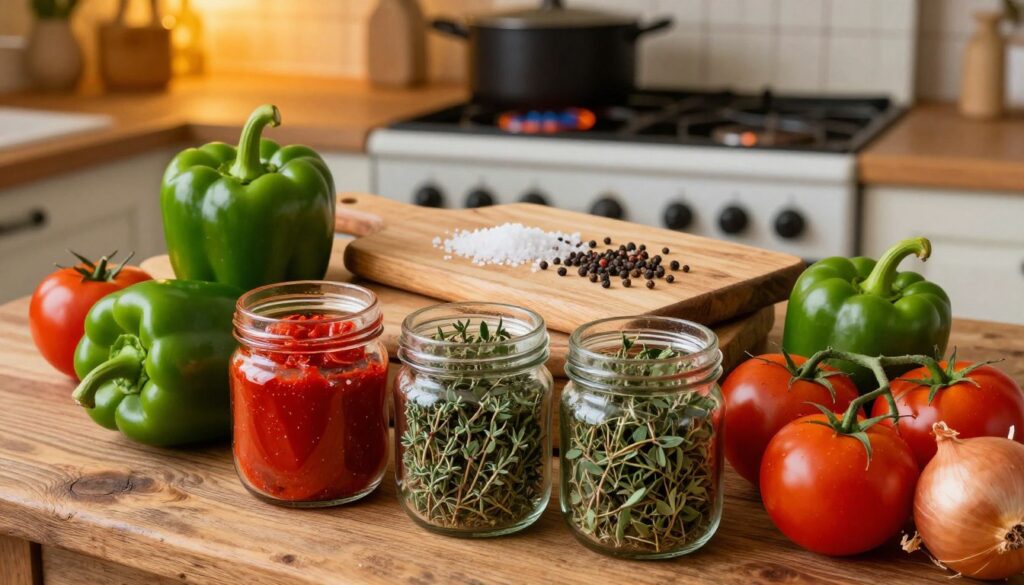 A vibrant and inviting kitchen scene featuring essential spices for leczo spread artfully arranged on a rustic wooden table. In the foreground, colorful jars of paprika, dried thyme, and oregano are surrounded by fresh green bell peppers, ripe tomatoes, and onions, hinting at their culinary purpose. The middle layer showcases an antique cutting board dusted with sea salt and peppercorns, adding texture to the composition. The background reveals an old-fashioned stove with a pot simmering, soft golden light illuminating the scene, creating a warm and homely atmosphere. The angle is slightly from above, capturing the lush array of colors and textures, evoking a sense of comfort and creativity in cooking.
