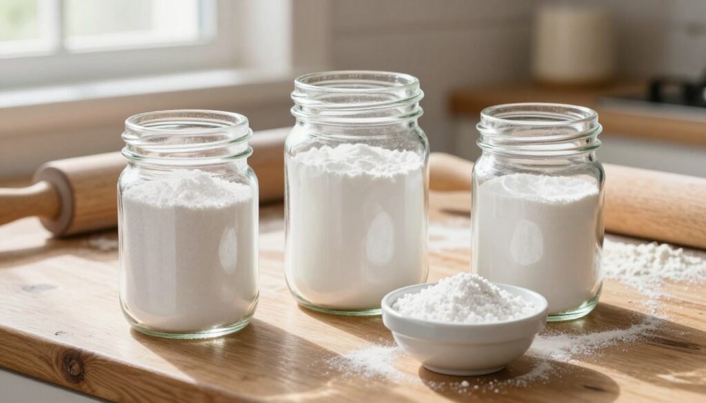 A vibrant, artistic composition focusing on baking substitutes, featuring baking soda and cream of tartar in elegant glass jars, and a small bowl of ammonium bicarbonate, all arranged on a rustic wooden kitchen counter. In the background, a subtle hint of a rolling pin and flour-dusted countertop sets the scene for baking. Soft natural lighting streams in from a window, creating warm highlights and gentle shadows. A close-up perspective captures the textures of the ingredients, emphasizing the fine granules of baking soda and the crystalline structure of cream of tartar. The atmosphere is inviting, evoking a sense of home and culinary creativity, while maintaining a clean and professional aesthetic.