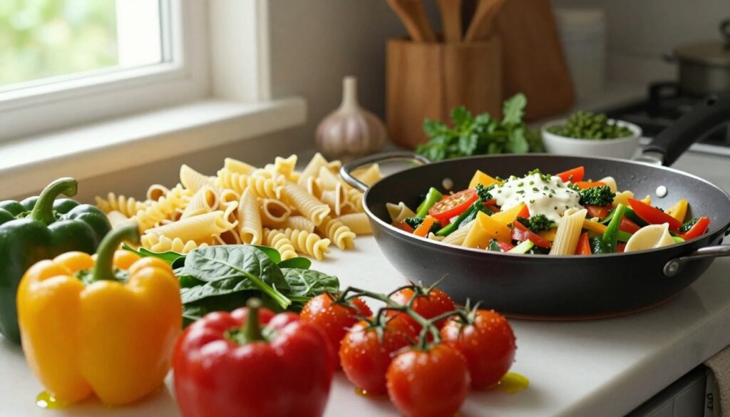A vibrant culinary scene showcasing a colorful selection of fresh vegetables sautéed in a pan alongside a variety of pasta types, which are harmoniously arranged. In the foreground, display an assortment of bright bell peppers, spinach, and cherry tomatoes, glistening with olive oil, while in the middle layer, feature different pasta shapes like fusilli and penne. The background should gently blur to reveal a rustic kitchen setting with wooden utensils and herbs, creating a warm atmosphere. Soft, natural lighting filters through a window, casting delicate shadows, enhancing the fresh and inviting mood of the dish, suggesting potential dressings from garlic to creamy cheese. Emphasize textures and colors, evoking a sense of delicious culinary possibilities.