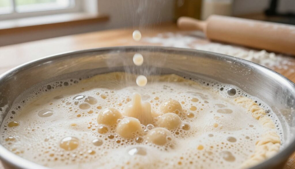 A vibrant depiction of active yeast fermentation stage, showcasing yeast cells in motion within a mixing bowl of pizza dough. In the foreground, focus on the bubbly, frothy surface of the dough, illustrating the rising yeast activity with delicate bubbles and textures. The middle ground features a warm wooden kitchen countertop, scattered with flour and a rolling pin, hinting at preparation for pizza-making. In the background, soft, natural light flows in through a window, illuminating the scene and creating a cozy atmosphere reminiscent of a home kitchen. The angle is slightly overhead to capture the dynamic reaction of the dough, emphasizing the transformation process. A sense of warmth and anticipation fills the image, conveying the delightful journey to perfect pizza dough.