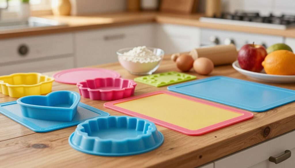 A vibrant, high-resolution close-up of a colorful assortment of silicone baking mats and molds arranged neatly on a rustic wooden kitchen countertop. In the foreground, display various shapes and sizes including a heart-shaped mold, a round cake mat, and a rectangular baking mat, all showcasing their flexible and non-stick texture. In the middle ground, include scattered baking ingredients like flour, eggs, and vibrant fruits to suggest preparation. The background features a blurred view of a cozy kitchen with warm, soft lighting casting a gentle glow, enhancing the inviting atmosphere. Capture the scene from a slightly elevated angle to emphasize both the mats and the baking process, creating a cheerful and inspiring mood for home bakers.