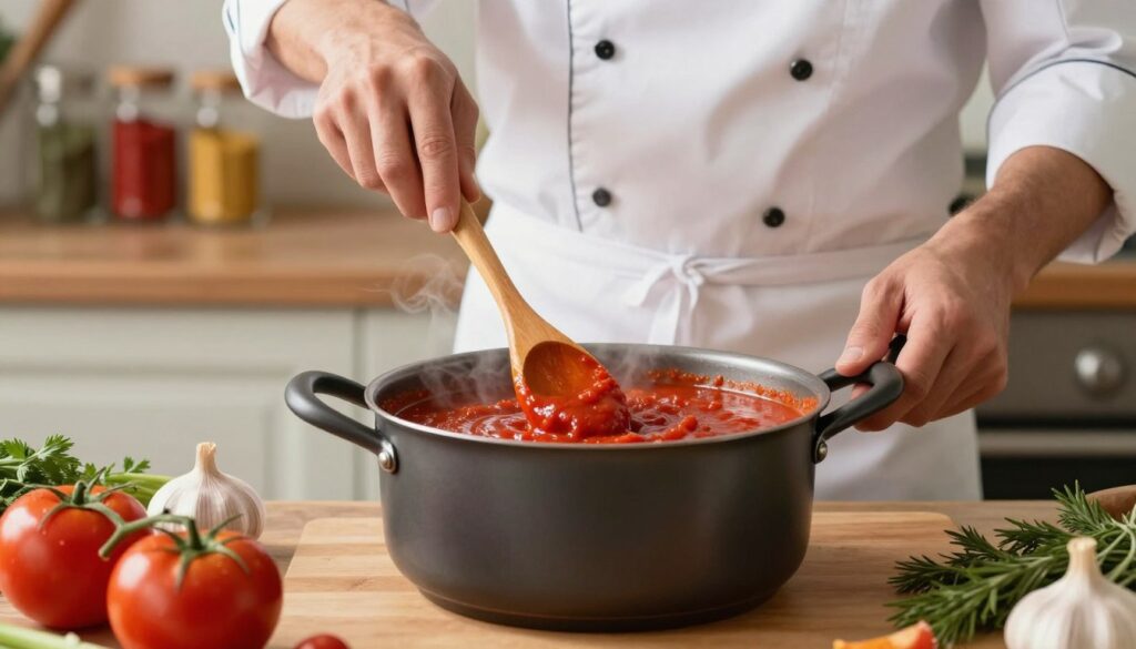 A vibrant kitchen scene featuring a steaming pot of rich, thick tomato sauce being gently stirred with a wooden spoon, showcasing its perfect viscosity. The foreground includes close-up details of fresh ingredients such as ripe tomatoes, garlic, and herbs, emphasizing a natural and wholesome atmosphere. In the middle ground, a professional chef, dressed in a crisp white apron, intently focuses on achieving the silky texture of the sauce without any lumps, demonstrating expertise. The background is softly blurred, highlighting rustic kitchen elements like a wooden countertop and brightly colored spices in jars, bathed in warm, inviting light. The mood is friendly and inviting, capturing the essence of culinary creativity and precision. A vibrant kitchen scene featuring a steaming pot of rich, thick tomato sauce being gently stirred with a wooden spoon, showcasing its perfect viscosity. The foreground includes close-up details of fresh ingredients such as ripe tomatoes, garlic, and herbs, emphasizing a natural and wholesome atmosphere. In the middle ground, a professional chef, dressed in a crisp white apron, intently focuses on achieving the silky texture of the sauce without any lumps, demonstrating expertise. The background is softly blurred, highlighting rustic kitchen elements like a wooden countertop and brightly colored spices in jars, bathed in warm, inviting light. The mood is friendly and inviting, capturing the essence of culinary creativity and precision.