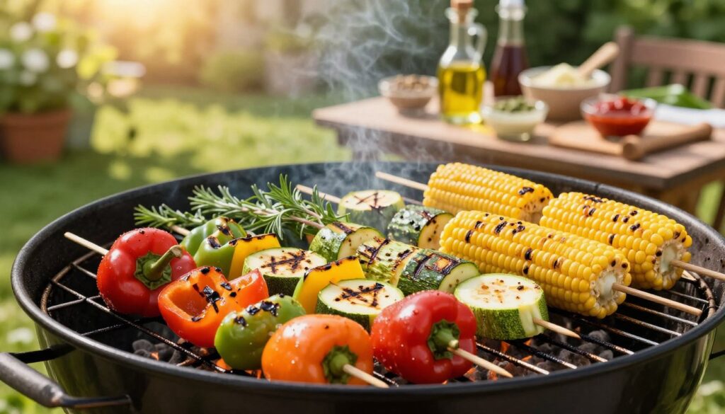 A vibrant outdoor grilling scene showcasing an assortment of colorful vegetables being grilled to perfection. In the foreground, a close-up view of skewered bell peppers, zucchini, and corn sizzling on a barbecue grill, with grill marks visible. The middle ground features a cascade of fresh herbs, olive oil, and spices arranged neatly, hinting at the preparation process. In the background, a sun-drenched garden setting with lush greenery and a wooden table adorned with various dipping sauces. Soft, warm lighting creates a cozy, inviting atmosphere, emphasizing the deliciousness of the grilled vegetables. The angle is slightly tilted downwards to capture the rich textures and colors of the vegetables, evoking a sense of summer joy and culinary exploration. A vibrant outdoor grilling scene showcasing an assortment of colorful vegetables being grilled to perfection. In the foreground, a close-up view of skewered bell peppers, zucchini, and corn sizzling on a barbecue grill, with grill marks visible. The middle ground features a cascade of fresh herbs, olive oil, and spices arranged neatly, hinting at the preparation process. In the background, a sun-drenched garden setting with lush greenery and a wooden table adorned with various dipping sauces. Soft, warm lighting creates a cozy, inviting atmosphere, emphasizing the deliciousness of the grilled vegetables. The angle is slightly tilted downwards to capture the rich textures and colors of the vegetables, evoking a sense of summer joy and culinary exploration.
