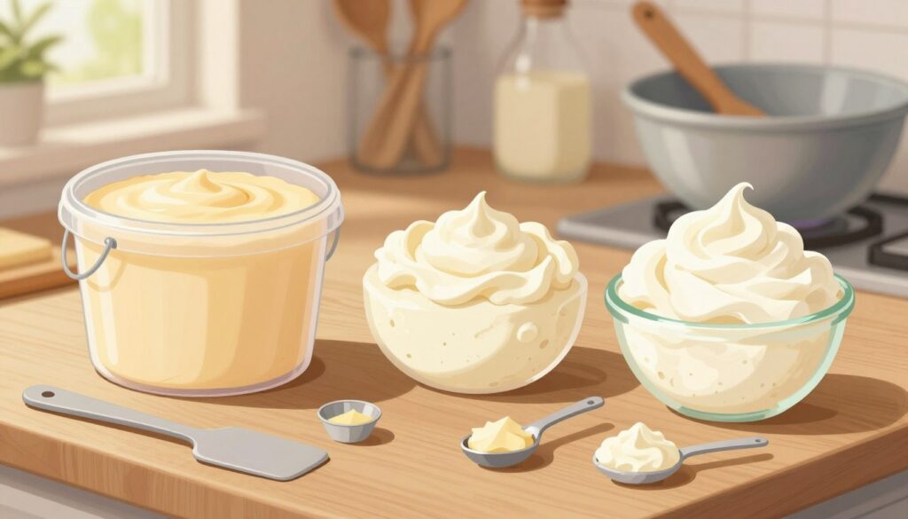 A visually appealing and informative illustration showcasing the proportions of gelatin for various bases: a smooth, creamy layer of cheese from a bucket, soft mascarpone, and rich whipped cream elegantly displayed on a wooden kitchen counter. The foreground features precise measurements of gelatin in teaspoons, surrounded by a spatula and mixing bowl, suggesting a kitchen setting. In the background, a soft focus highlights kitchen utensils and ingredients, creating a warm and inviting atmosphere. The lighting is soft and natural, mimicking a bright, sunny day, enhancing the textures and colors of the ingredients. This image should evoke a sense of culinary expertise and simplicity, perfect for a cooking article.
