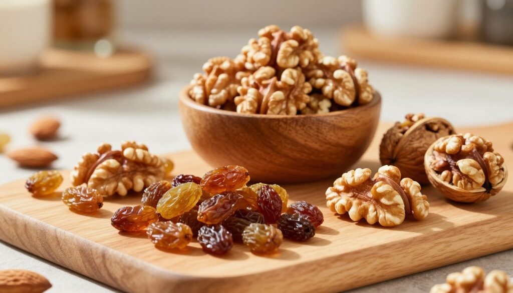 A visually appealing arrangement of assorted dried fruits and nuts, specifically showcasing plump raisins and crunchy walnuts. In the foreground, a clean wooden serving board displays a handful of glistening, dark golden raisins next to shelled walnut halves with rich textures. In the middle section, a small rustic bowl filled with walnuts is nestled among scattered grapes and almonds, hinting at a variety of nuts. The background features soft, blurred warm kitchen tones, suggesting a cozy baking atmosphere. Natural light filters in, creating inviting shadows that enhance the freshness of the ingredients. The overall mood is warm and inviting, ideal for conveying richness without heaviness, perfect for a culinary context. A visually appealing arrangement of assorted dried fruits and nuts, specifically showcasing plump raisins and crunchy walnuts. In the foreground, a clean wooden serving board displays a handful of glistening, dark golden raisins next to shelled walnut halves with rich textures. In the middle section, a small rustic bowl filled with walnuts is nestled among scattered grapes and almonds, hinting at a variety of nuts. The background features soft, blurred warm kitchen tones, suggesting a cozy baking atmosphere. Natural light filters in, creating inviting shadows that enhance the freshness of the ingredients. The overall mood is warm and inviting, ideal for conveying richness without heaviness, perfect for a culinary context.