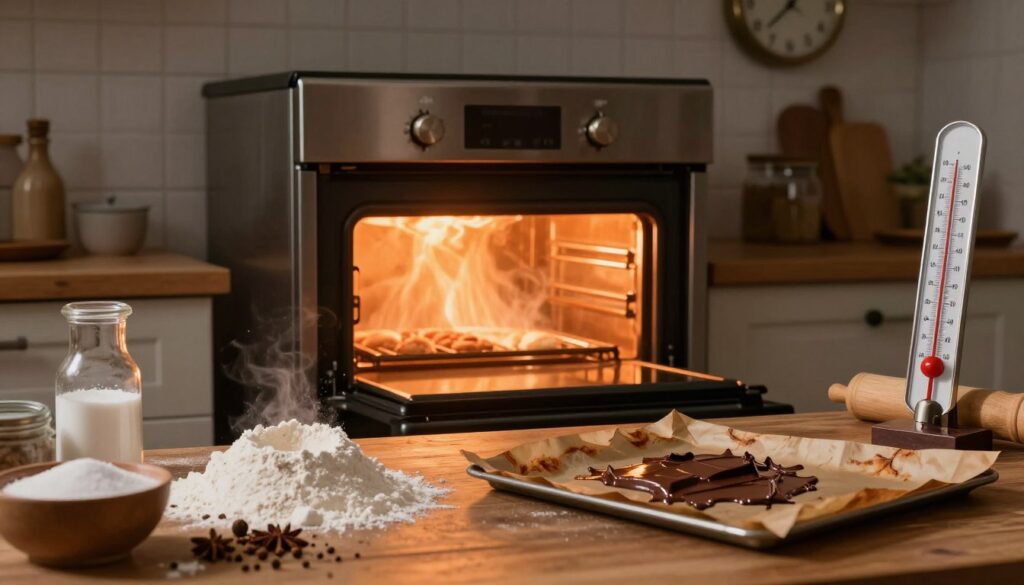 A visually striking kitchen scene focusing on a baking oven radiating excessive heat, with a thermometer reading dangerously high temperatures. In the foreground, a wooden table is cluttered with baking ingredients like flour, sugar, and spices, showing signs of heat distortion, such as melted chocolate and warped baking sheets. The middle captures a partially open oven door emitting waves of heat, with the oven light casting a warm, orange glow over the space. In the background, a wall clock shows an alarming time, suggesting prolonged baking. The atmosphere is tense and slightly chaotic, hinting at the consequences of baking at too high a temperature. The lighting emphasizes shadows and highlights, creating a dramatic yet informative ambiance suitable for a cooking discussion.