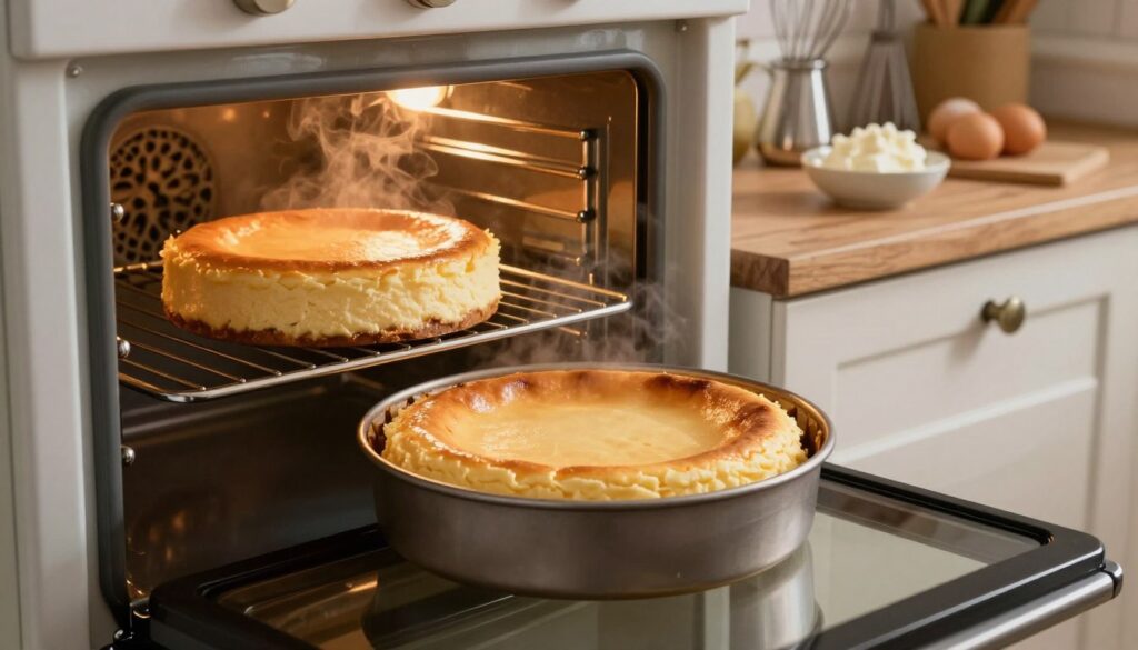 A warm, inviting kitchen scene featuring a cheesecake baking in a traditional oven. In the foreground, the rich, creamy cheesecake sits in a round springform pan, perfectly golden on top, with slight cracks indicating careful baking. In the middle, the oven door is slightly ajar, revealing the cheesecake inside on a baking rack, with steam gently rising. The walls of the oven are lined with soft, ambient light, creating a cozy atmosphere. In the background, a rustic wooden countertop is adorned with baking tools like a whisk, measuring cups, and a small bowl of fresh ingredients, such as eggs and cream cheese, suggesting a focus on careful preparation. The overall mood is warm and homey, encouraging home bakers to achieve a smooth, well-baked cheesecake.