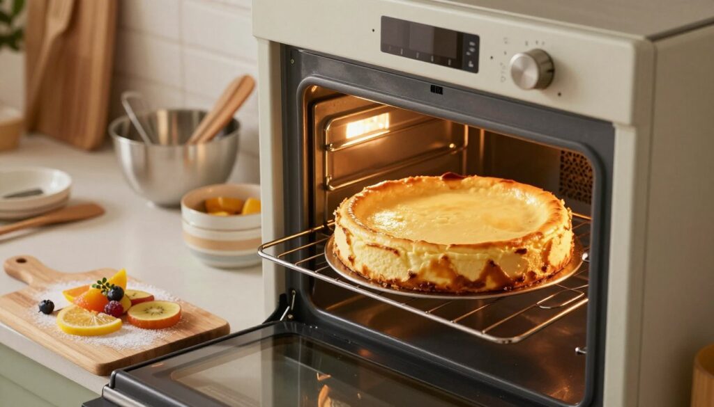 A warm, inviting kitchen scene featuring a freshly baked cheesecake cooling inside an oven. The collection of baking tools, like mixing bowls and spatulas, is neatly organized on the countertop. Soft, golden light illuminates the interior of the oven, highlighting the creamy texture of the cheesecake and its golden-brown edges. The oven door is slightly ajar, showcasing the cheesecake resting on a rack. In the foreground, a wooden cutting board is adorned with a few decorative fruit slices and a dusting of powdered sugar. The atmosphere is cozy and homely, evoking a sense of patience and care in the baking process. The camera angle is slightly tilted to capture both the cheesecake and the inviting kitchen layout.