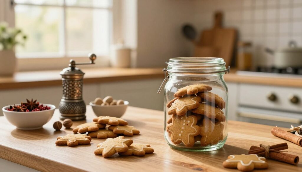 A warm, inviting kitchen scene featuring a wooden table adorned with freshly baked gingerbread cookies. The foreground showcases a close-up of a clear glass jar filled with soft, spiced gingerbread cookies, capturing the delicate moisture that keeps them fresh. The middle layer includes an antique spice grinder and various bowls of colorful spices (like cinnamon, nutmeg, and ginger), emphasizing the aromatic flavor. In the background, a softly lit kitchen window filters warm sunlight, illuminating the space and enhancing the cozy atmosphere. The setting conveys tranquility and care, with a rustic wooden shelf displaying cooking utensils and holiday decorations subtly hinting at the festive season. Overall, the image evokes a sense of warmth, highlighting the importance of optimal storage conditions for preserving the deliciousness of gingerbread.