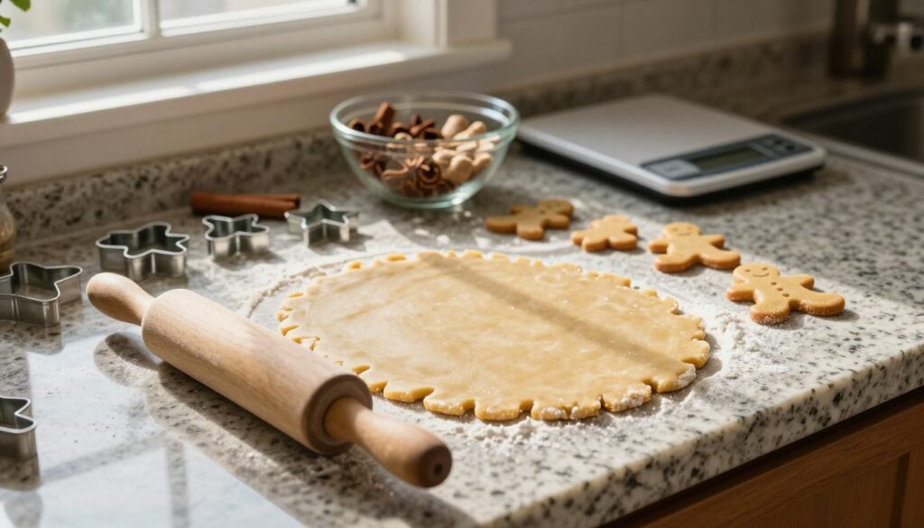 A warm, inviting kitchen scene focused on the process of rolling out gingerbread dough for Christmas cookies. In the foreground, a wooden rolling pin rests on a smooth granite countertop beside a sheet of rolled-out dough, perfectly even and dusted with flour. To the side, various cookie cutters in festive shapes—stars, trees, and gingerbread men—are arranged neatly. In the middle background, a mixing bowl with aromatic spices like cinnamon and ginger is visible alongside an electronic scale. Natural sunlight pours in through a nearby window, casting soft shadows and enhancing the homely atmosphere. The overall mood is cheerful and cozy, evoking the spirit of holiday baking.