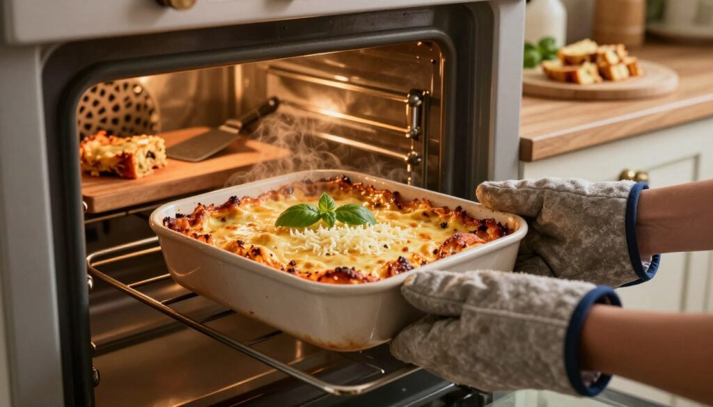 A warm, inviting kitchen scene showcasing a traditional oven with lasagna inside, bubbling and golden brown, surrounded by fresh basil and a sprinkle of mozzarella on top. In the foreground, a hand, wearing an oven mitt, carefully pulls out a steaming dish of lasagna, highlighting the texture and cheese stretch. The middle ground features a wooden countertop with a cutting board, a serving spatula, and sliced portions of lasagna ready to be served. The background reveals cozy kitchen decor with soft, ambient lighting, creating a homey atmosphere. The camera angle focuses on the oven, capturing the inviting warmth and aroma of freshly baked lasagna, evoking a sense of comfort and deliciousness.