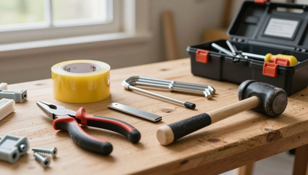 A well-organized assortment of plastic window dismantling tools neatly arranged on a wooden workbench. The foreground features a pair of sturdy pliers, a flat-head screwdriver, and a rubber mallet, all positioned for easy access. In the middle ground, a roll of duct tape and a set of hex keys are placed beside a small toolbox, slightly open to showcase additional tools inside. The background reveals a softly lit garage setting with a window allowing natural light to filter in, creating a warm and inviting atmosphere. A few scattered screws and plastic components suggest recent work in progress. The scene captures a practical, professional mood, ideal for a DIY enthusiast or professional looking to safely remove plastic windows.