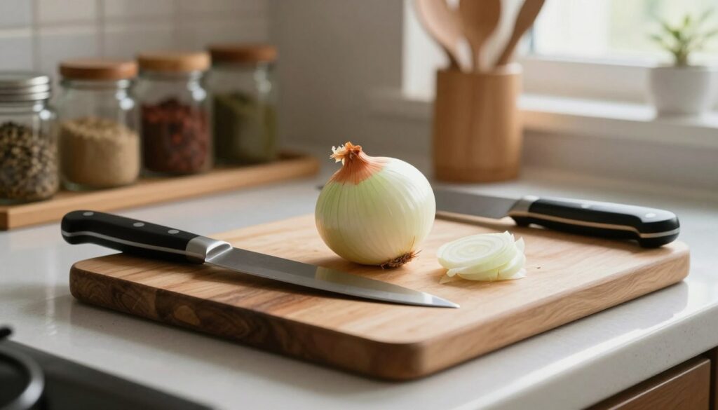 A well-organized kitchen countertop set for chopping onions, featuring a sharp chef's knife, a wooden cutting board, and a freshly peeled onion in the center. The foreground shows the knife resting beside the onion, glistening under natural light from a nearby window. In the middle, the cutting board is lightly stained from previous uses, suggesting a busy kitchen atmosphere. The background includes shelves with jars of spices and utensils, softly blurred to focus on the foreground elements. The warm, inviting lighting creates a cozy ambiance, evoking the feel of a home-cooking environment, with a hint of a rustic kitchen style. The overall mood is calm and focused, perfect for preparing to slice onions skillfully.
