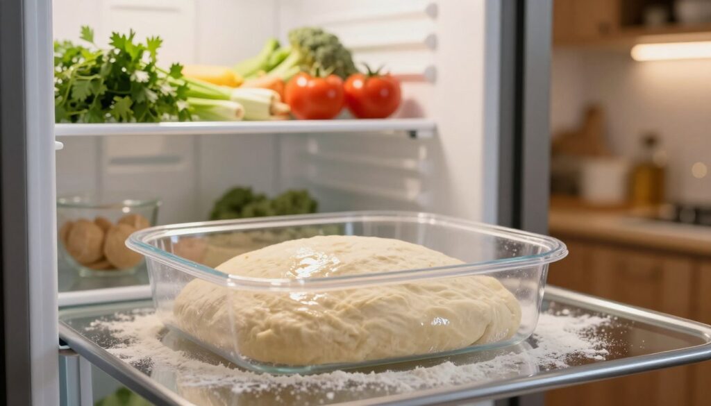 A well-organized kitchen scene showcases a freshly prepared pizza dough resting in a transparent container, placed securely in the refrigerator. The foreground features the dough, smooth and slightly glistening, with an inviting texture, surrounded by a light dusting of flour. The middle ground presents the refrigerator door ajar, revealing a clean, organized interior with fresh ingredients like herbs and vegetables on the shelves above. The background illustrates a cozy, softly lit kitchen with warm wooden cabinets and a soft, focused light illuminating the dough. The atmosphere is calm and inviting, conveying a sense of care and attention in food preparation, ideal for preserving pizza dough. The image should be brightly lit to highlight the freshness and texture of the dough while avoiding any text or annotations.