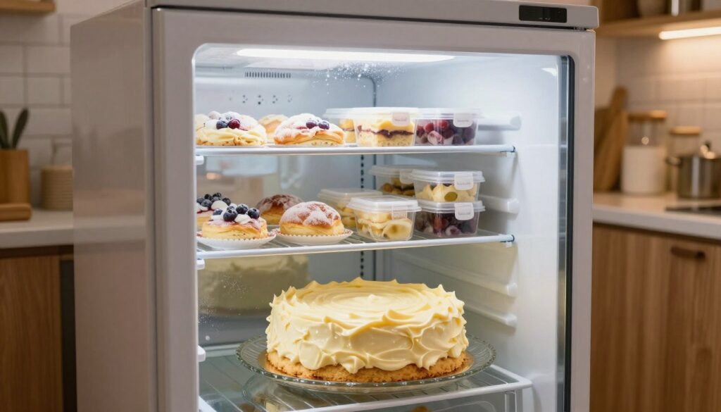 A well-organized kitchen scene with a transparent freezer prominently featuring a beautifully arranged cake with creamy custard filling. The foreground displays the cake on an elegant glass plate, capturing the silky, smooth texture of the custard cream. In the middle, the freezer is filled with various frozen pastries and neatly labeled containers, showcasing a world of desserts. The background subtly hints at a cozy kitchen environment with warm lighting, wooden cabinets, and soft shadows. A slight frost effect on the freezer's glass gives a sense of chill, emphasizing the theme of preservation. Overall, the mood is inviting and informative, suitable for highlighting the delicacies of frozen desserts.