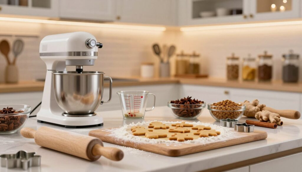 A well-organized kitchen setup ready for baking gingerbread cookies, featuring essential kitchen equipment prominently displayed. In the foreground, a wooden rolling pin, a flour-dusted cutting board, and cookie cutters in various festive shapes. The middle ground includes a mixer, measuring cups, and bowls filled with colorful spices like cinnamon and ginger, creating a warm and inviting atmosphere. In the background, soft, glowing lighting highlights the cabinets filled with baking utensils and jars of ingredients. The scene should evoke a cozy, festive mood, with the focus on preparation and care, perfect for the winter baking season. Aim for a slightly angled perspective to capture the depth of the kitchen space, ensuring the image feels inviting and ready for action. A well-organized kitchen setup ready for baking gingerbread cookies, featuring essential kitchen equipment prominently displayed. In the foreground, a wooden rolling pin, a flour-dusted cutting board, and cookie cutters in various festive shapes. The middle ground includes a mixer, measuring cups, and bowls filled with colorful spices like cinnamon and ginger, creating a warm and inviting atmosphere. In the background, soft, glowing lighting highlights the cabinets filled with baking utensils and jars of ingredients. The scene should evoke a cozy, festive mood, with the focus on preparation and care, perfect for the winter baking season. Aim for a slightly angled perspective to capture the depth of the kitchen space, ensuring the image feels inviting and ready for action.