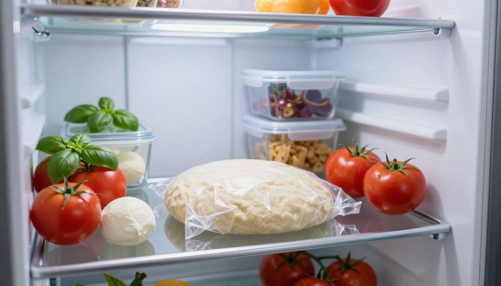 A well-organized refrigerator interior, showcasing fresh pizza dough securely wrapped in plastic and placed on a dedicated shelf. The foreground highlights the dough, visibly soft and elastic, surrounded by a variety of fresh ingredients like ripe tomatoes, basil, and mozzarella, indicating preparation for pizza. The middle section reveals neatly arranged containers and ingredients, emphasizing cleanliness and organization. The background displays additional shelves, softly illuminated by cool, white LED lights, creating a clean and modern atmosphere. The scene conveys a calm and fresh mood, suitable for a culinary-focused article, with an inviting and appetizing feel. The lens perspective is slightly angled, allowing a clear view of the dough while capturing the organized space around it, embodying an ideal food storage environment.