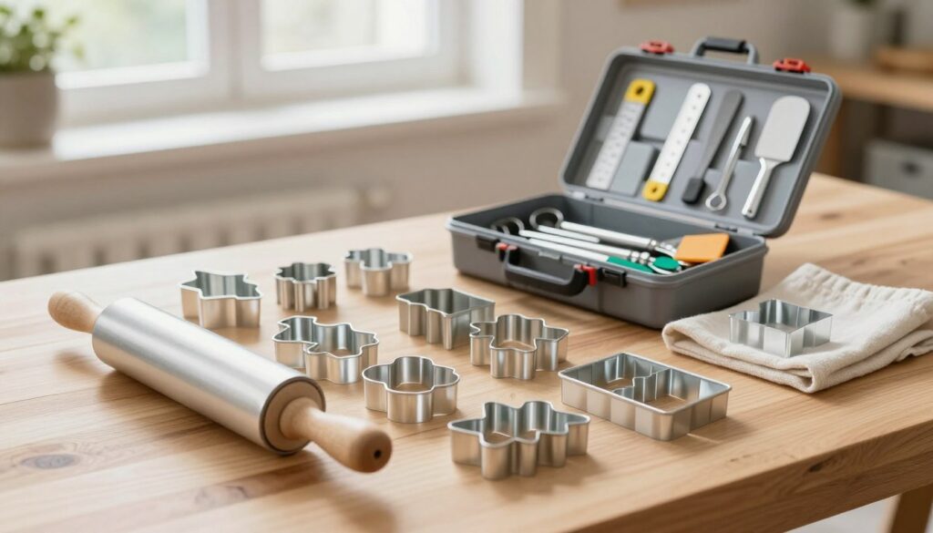 A well-organized workspace featuring various aluminum tools and materials needed for creating gingerbread molds. In the foreground, showcase a shiny aluminum rolling pin, pastry cutters of different shapes, and a set of neatly arranged aluminum mold frames, all on a clean wooden table. The middle section includes an open toolbox filled with aluminum tools like rulers, spatulas, and safety tips displayed on a soft cotton cloth. In the background, soft natural light streams through a window, creating a warm and inviting atmosphere. Ensure the focus is sharp on the tools while maintaining a soft bokeh effect on the background, suggesting a cozy home environment for crafting.