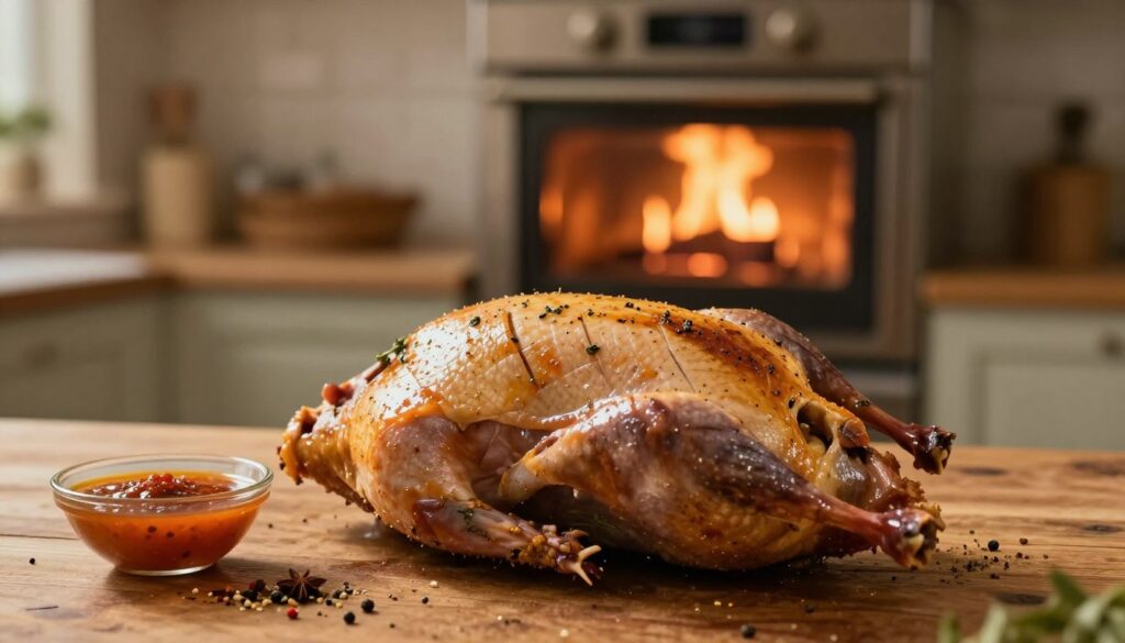 A well-prepared duck ready for roasting, set on a rustic wooden countertop. In the foreground, a whole duck is positioned, showcasing its carefully scored skin glistening with a flavorful marinade, hinting at fresh herbs and spices. A small bowl containing a vibrant marinade is placed beside it, with various seasonings scattered around, emphasizing the preparation process. In the middle ground, a soft-focus kitchen scene unfolds, featuring a warm, inviting oven in the background with a flickering flame, illuminating the space with a cozy glow. The atmosphere is infused with the rich aroma of spices, contributing to a sense of culinary warmth and anticipation, captured in soft, natural lighting, with a shallow depth of field to emphasize the duck's preparation.