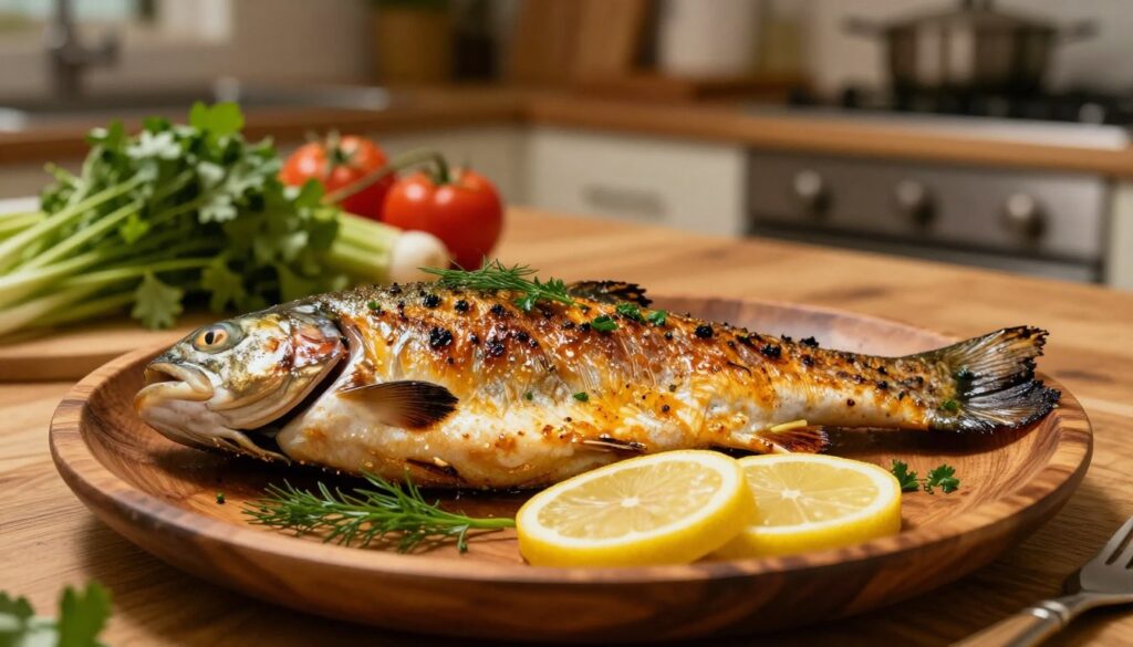 An elegantly roasted trout, glistening with a golden-brown crisp skin, lies centered on a rustic wooden plate. The fish is garnished with fresh herbs, such as dill and parsley, as well as thinly sliced lemon for a pop of color. Soft, warm lighting enhances the meal’s textures, casting gentle shadows that highlight the fish’s details. In the background, a wooden kitchen table is adorned with an assortment of fresh vegetables, hinting at a home-cooked ambiance. A subtle depth of field blurs the background slightly, drawing the viewer’s focus to the trout. The image should evoke a warm, inviting atmosphere, suitable for a comforting dining experience, emphasizing the importance of moisture retention when roasting fish.