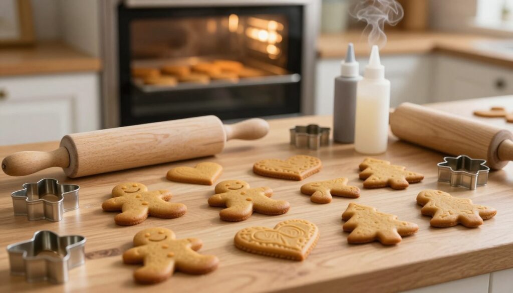 An inviting kitchen scene focused on freshly baked gingerbread elements arranged neatly on a wooden countertop. In the foreground, beautifully shaped gingerbread pieces—stars, hearts, and trees—highlight the importance of precise mold usage showcased with a warm, golden-brown color. The middle ground features kitchen tools such as rolling pins, icing bottles, and cookie cutters, adding to the baking atmosphere. In the background, a softly lit oven reveals more gingerbread cookies baking, with a gentle steam rising, enhancing the cozy and warm mood. The lighting is soft and diffused, mimicking the warmth of a homey kitchen, captured with a slightly low angle perspective to emphasize the delicious baked goods.