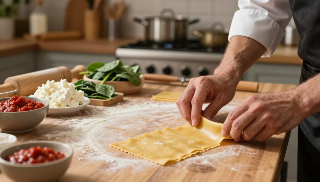 Close-up view of a chef’s hands skillfully working with sheets of lasagna pasta on a wooden countertop. In the foreground, the chef is gently handling a sheet of al dente lasagna, ensuring it retains its moisture and shape. The middle section features an array of ingredients like ricotta cheese, spinach, and marinara sauce artfully arranged, showcasing various ways to utilize the pasta. In the background, a rustic kitchen with warm, inviting lighting enhances the setting, highlighting pots and pans on a stove. The atmosphere is cozy and creative, reflecting a culinary environment where innovation meets traditional cooking techniques. Capture the textures of the pasta and ingredients, using soft, natural lighting to evoke a sense of warmth and expertise. Close-up view of a chef’s hands skillfully working with sheets of lasagna pasta on a wooden countertop. In the foreground, the chef is gently handling a sheet of al dente lasagna, ensuring it retains its moisture and shape. The middle section features an array of ingredients like ricotta cheese, spinach, and marinara sauce artfully arranged, showcasing various ways to utilize the pasta. In the background, a rustic kitchen with warm, inviting lighting enhances the setting, highlighting pots and pans on a stove. The atmosphere is cozy and creative, reflecting a culinary environment where innovation meets traditional cooking techniques. Capture the textures of the pasta and ingredients, using soft, natural lighting to evoke a sense of warmth and expertise.