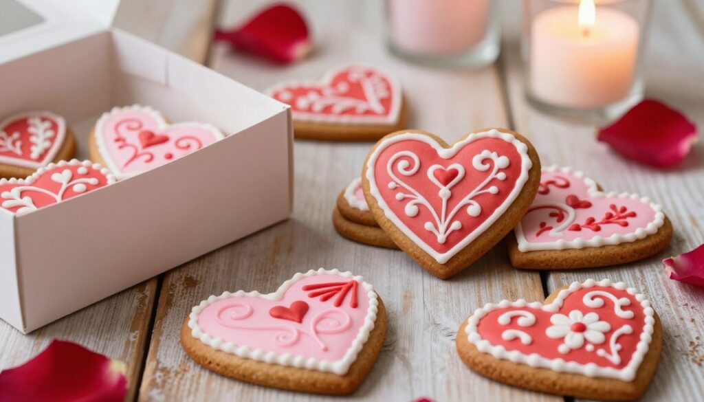 Delicious heart-shaped gingerbread cookies, beautifully decorated with intricate icing patterns in shades of red, pink, and white. The foreground features a slightly open box of these treats, with some cookies artistically arranged on a rustic wooden table. In the middle, a few cookies are stacked artistically, showcasing their detailed designs, including swirls and floral motifs. The background is softly blurred, hints of romantic decorations like candles and rose petals adding to the Valentine's theme. Soft, warm lighting creates an inviting and sweet atmosphere, evoking feelings of love and celebration. The overall composition should evoke warmth, charm, and the joy of giving handmade gifts.