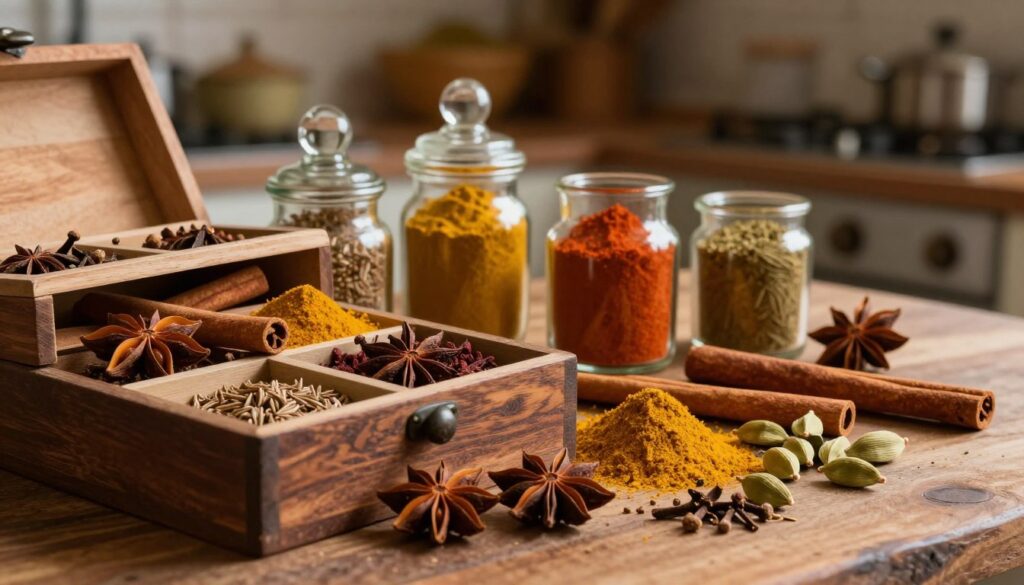 A beautifully arranged collection of spices that make up garam masala, prominently featuring whole spices such as cinnamon sticks, star anise, cloves, cardamom pods, and cumin seeds. The foreground showcases a wooden spice box partly open, with spices neatly visible inside. The middle ground includes small glass jars filled with ground spice powders, their vibrant colors enhancing the composition. In the background, a rustic kitchen setting is softly illuminated, emphasizing the warmth and aroma associated with Indian cooking. The lighting is warm and inviting, casting gentle shadows to create depth. The atmosphere is rich and aromatic, evoking a sense of culinary adventure and exploration in the kitchen.