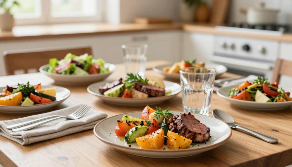 A beautifully arranged dining table set for lunch, featuring a variety of colorful, healthy dishes such as fresh salads, grilled vegetables, and lean proteins. In the foreground, a close-up of a rustic plate with vibrant food textures, garnished with herbs, reflecting a balanced meal. In the middle, the table adorned with elegant cutlery, linen napkins, and a glass of water, emphasizing a peaceful dining atmosphere. The background softly fades into a bright, warm kitchen with natural light streaming through a window, creating a cozy ambience. Add subtle shadows to evoke a calm, inviting feel, encouraging mealtime rituals. The lens should capture rich details, focusing on the nourishment aspect while ensuring a wholesome and appetizing presentation.