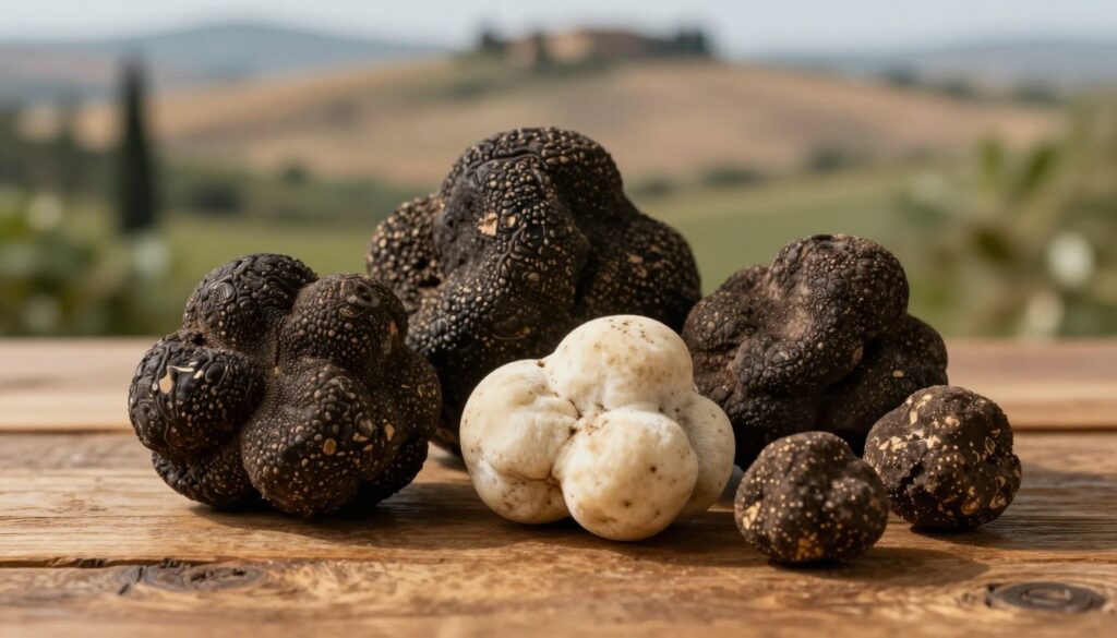 A beautifully arranged display of various truffle species, focusing on three distinct types: the dark, wrinkled black truffle, the lighter, smoother white truffle, and the small, earthy-hued summer truffle. In the foreground, these truffles are placed on a rustic wooden table, showcasing their textures and unique shapes. In the middle, a blurred background features a soft-focus Tuscan landscape, hinting at the natural environment where these truffles grow. Warm, diffused lighting casts gentle shadows, emphasizing the earthy tones of the truffles and creating a rich, inviting atmosphere. The overall mood is elegant and gourmet, perfect for highlighting their culinary value.