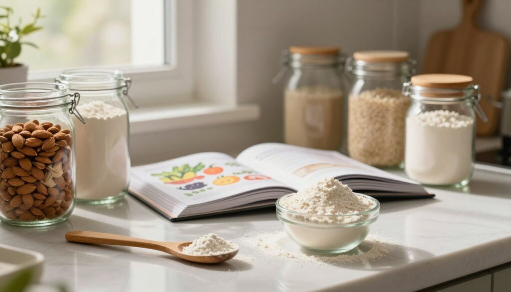 A beautifully arranged kitchen counter showcasing a variety of gluten-free flours, including almond, coconut, and rice flour, in transparent glass jars. The foreground highlights a wooden spoon and a small bowl filled with a fluffy, white flour mixture. In the middle, an open cookbook displays a gluten-free recipe, adorned with fresh, colorful vegetables and herbs as natural accents. The background features soft, warm lighting filtering through a window, casting gentle shadows that add depth to the image. The atmosphere is inviting and homey, perfect for inspiring healthy cooking adventures. The scene is captured with a shallow depth of field, creating a cozy and focused visual that emphasizes the flour and the essence of gluten-free cooking. A beautifully arranged kitchen counter showcasing a variety of gluten-free flours, including almond, coconut, and rice flour, in transparent glass jars. The foreground highlights a wooden spoon and a small bowl filled with a fluffy, white flour mixture. In the middle, an open cookbook displays a gluten-free recipe, adorned with fresh, colorful vegetables and herbs as natural accents. The background features soft, warm lighting filtering through a window, casting gentle shadows that add depth to the image. The atmosphere is inviting and homey, perfect for inspiring healthy cooking adventures. The scene is captured with a shallow depth of field, creating a cozy and focused visual that emphasizes the flour and the essence of gluten-free cooking.