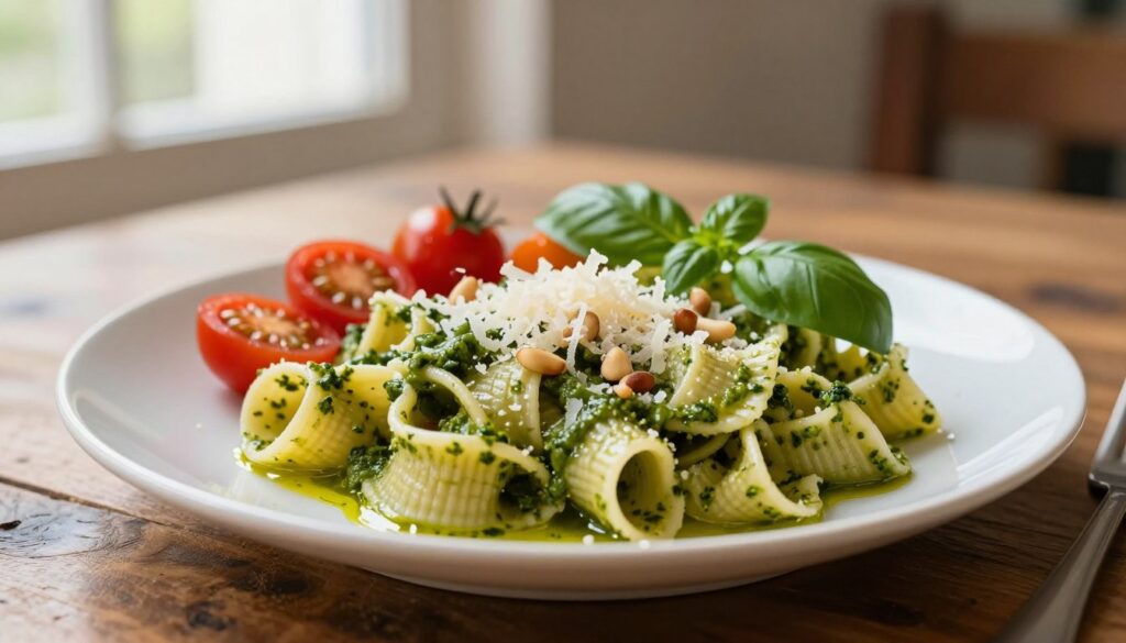 A beautifully arranged plate of makaron pesto, showcasing al dente pasta swirled with vibrant green basil pesto. In the foreground, the pasta is garnished with freshly grated Parmesan cheese and pine nuts, glistening with a drizzle of high-quality olive oil. The middle ground features a colorful mix of cherry tomatoes and aromatic basil leaves for added texture and freshness. The background should include a rustic wooden table, softly illuminated by warm, natural light filtering in from a nearby window, creating a cozy, inviting atmosphere reminiscent of an Italian trattoria. Use a shallow depth of field to focus on the dish, with a soft bokeh effect on the background elements to emphasize the deliciousness of the meal.
