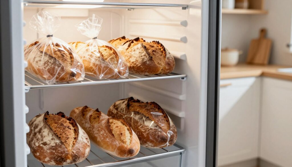 A beautifully arranged scene showcasing different types of bread stored in an organized freezer. In the foreground, various loaves of bread (e.g., crusty baguette, whole grain loaf, and artisanal sourdough) are clearly visible, wrapped in clear plastic for freshness. The middle layer features a sleek, modern freezer with an open door, revealing neatly stacked bread packages, with condensation visible on the glass. The background displays a softly lit kitchen with light-colored cabinets and warm wooden accents. The atmosphere is cozy and inviting, suggesting warmth and homey comfort. The lighting is bright and natural, simulating late morning sunshine filtering in through a nearby window. The focus is sharp on the bread while maintaining a gentle blur in the background for depth. A beautifully arranged scene showcasing different types of bread stored in an organized freezer. In the foreground, various loaves of bread (e.g., crusty baguette, whole grain loaf, and artisanal sourdough) are clearly visible, wrapped in clear plastic for freshness. The middle layer features a sleek, modern freezer with an open door, revealing neatly stacked bread packages, with condensation visible on the glass. The background displays a softly lit kitchen with light-colored cabinets and warm wooden accents. The atmosphere is cozy and inviting, suggesting warmth and homey comfort. The lighting is bright and natural, simulating late morning sunshine filtering in through a nearby window. The focus is sharp on the bread while maintaining a gentle blur in the background for depth.