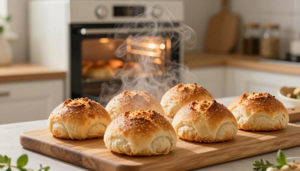 A beautifully arranged scene showcasing freshly baked bread rolls, emphasizing a golden-brown crust with a crispy texture, illustrating the concept of using steam to revive their freshness. In the foreground, a wooden cutting board displays the rolls, some steaming slightly to indicate warmth. A light mist of water vapor is visible around the bread, portraying the steam process. In the middle ground, an elegant oven is partly open, revealing a cozy kitchen setting filled with warm light. The background features soft-focus kitchen elements like herbs and spices in glass jars, enhancing the homely atmosphere. The lighting is soft and warm, creating an inviting mood, while a shallow depth of field focuses attention on the bread rolls.