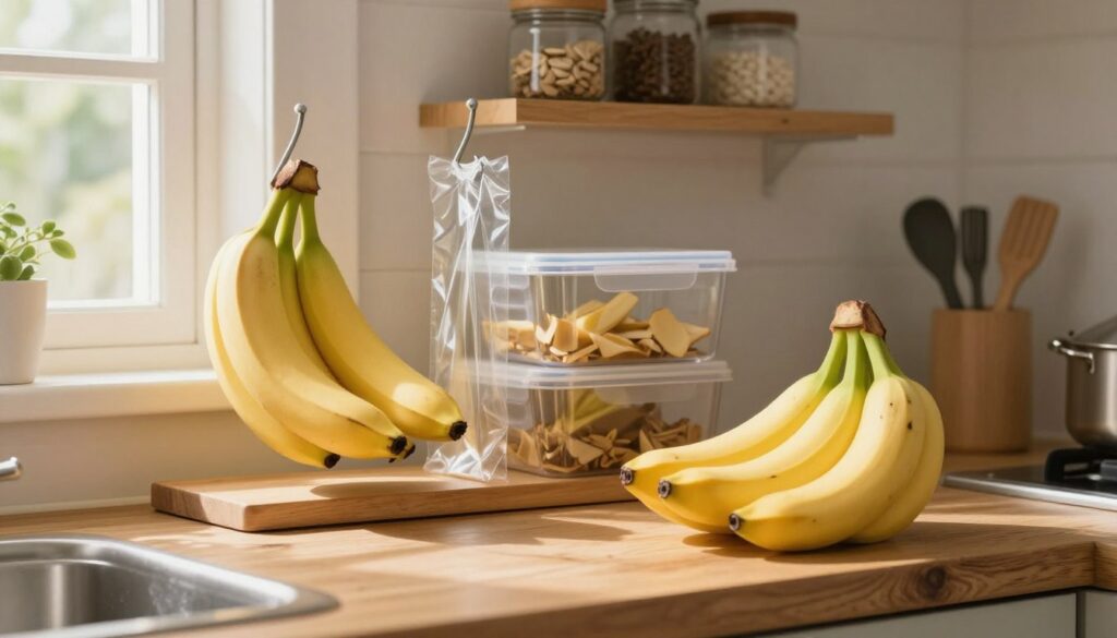 A bright, inviting kitchen scene focusing on various methods of storing bananas to keep them fresh. In the foreground, a rustic wooden countertop holds a bunch of ripe bananas displayed next to a glass fruit bowl, emphasizing natural light filtering in from a window. The middle ground features a neatly organized shelf with different banana storage techniques: a hanging banana holder, plastic wrap, and a sealed container, showcasing practicality. In the background, soft-focus kitchen items such as jars and kitchen utensils add warmth. The lighting is warm and bright, creating an uplifting atmosphere. The image should evoke a sense of homely comfort and simplicity, highlighting effective banana storage methods without any text or branding.