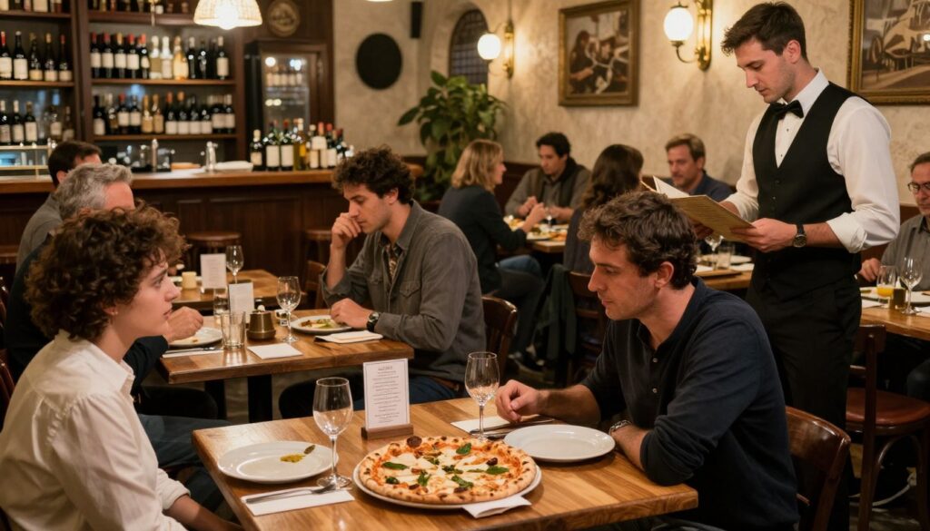 A bustling Roman restaurant interior during dinner service, featuring elegantly dressed diners at wooden tables adorned with simple, rustic tableware. In the foreground, focus on a small table with a pizza, surrounded by subtle hints of hidden fees: a faintly visible service charge on a bill, a discreetly placed menu explaining additional costs, and an unsettled glance from a customer towards the staff. In the middle ground, diverse patrons engage in lively conversation, while a waiter in professional attire gestures towards the menu. The background shows a charmingly decorated bar area with wine bottles and dim, warm lighting, creating an inviting yet slightly tense atmosphere. Capture the essence of hidden dining costs in a lively, vibrant environment, emphasizing both the allure and complexity of dining out in Rome.