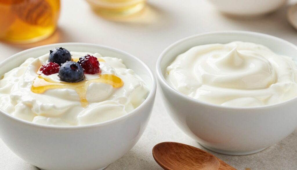 A close-up composition featuring two bowls side by side: one filled with rich, creamy skyr and the other with smooth, natural yogurt. The skyr is thick and pure white, topped with a sprinkle of berries and a drizzle of honey, while the yogurt is slightly thinner, showcasing its glossy texture. In the foreground, a wooden spoon rests beside the bowls, inviting the viewer to engage. The background features a soft-focus kitchen setting, with warm, natural lighting that creates an inviting atmosphere. The mood is fresh and wholesome, emphasizing the differences in texture and presentation. The image should be bright, with a focus on the creamy consistency of both dairy products, showcasing their unique qualities without any text or distractions.