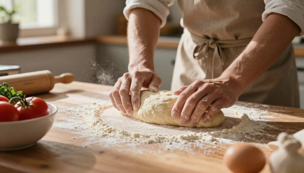A close-up of a hands-on kitchen scene featuring a person in a modest apron skillfully kneading pizza dough on a wooden countertop. The foreground showcases flour dust flying as the dough is being worked, with a bowl of fresh tomatoes and herbs nearby, representing vibrant ingredients. In the middle, the dough takes center stage, exhibiting a soft, elastic texture, with the background showing a rustic kitchen ambiance filled with sunlight pouring through a window, casting warm, inviting shadows. Soft focus on the kitchen tools and fresh toppings enhances the mood of a traditional Italian pizza-making experience. The lighting is warm and inviting, evoking a sense of homely craftsmanship, with a blurred background that emphasizes the texture and technique of dough preparation.