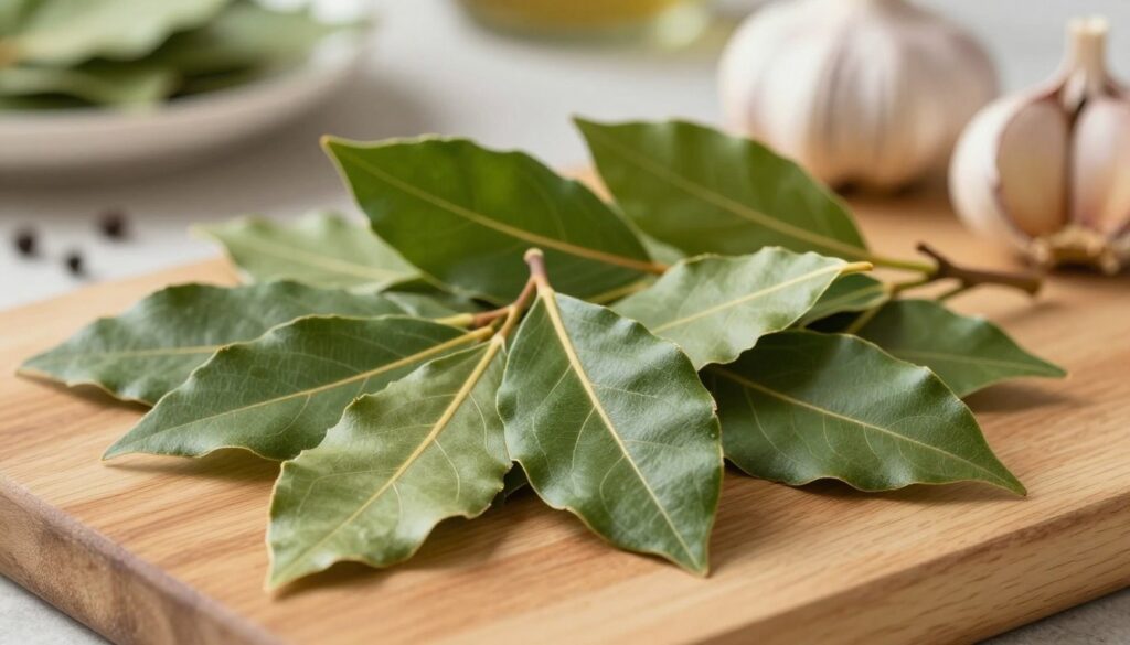 A close-up of fresh bay leaves, lush and vibrant, arranged aesthetically on a wooden cutting board. The foreground showcases the rich green hues and delicate veining of the leaves, emphasizing their freshness. In the middle ground, gently diffused sunlight illuminates the leaves, casting soft shadows and highlighting their texture. The background features a blurred kitchen setting with ingredients like garlic and spices, subtly hinting at culinary use without overshadowing the bay leaves. The atmosphere is warm and inviting, evoking a sense of wellness and home-cooked meals, perfect for illustrating digestive and metabolic support properties. The image should feel serene and organic, with a focus on natural elements.