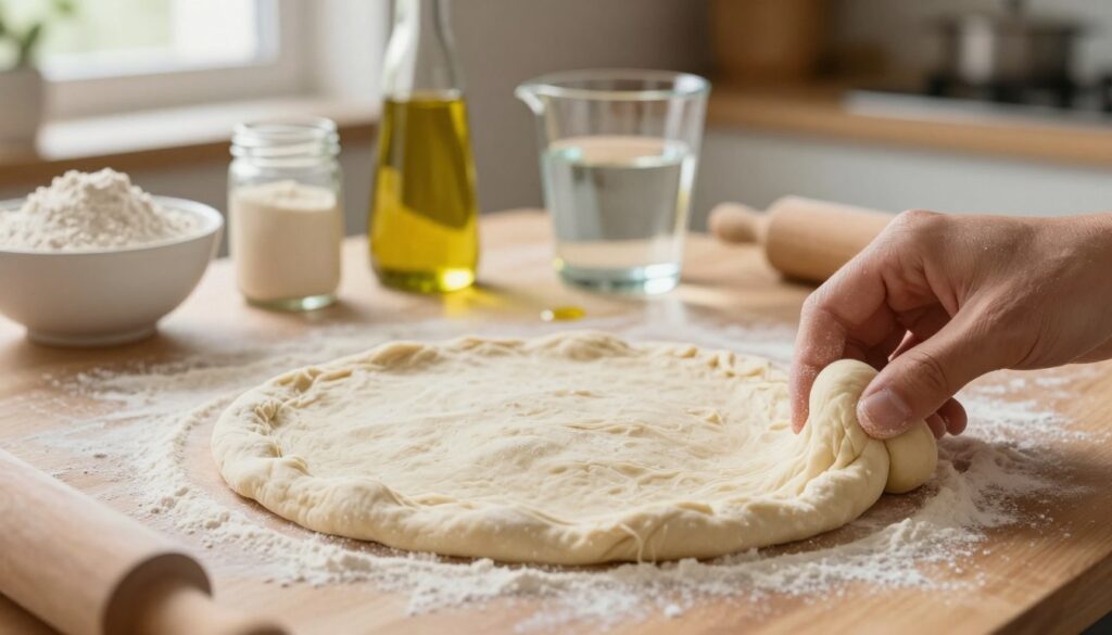 A close-up shot of freshly prepared pizza dough on a wooden surface, dusted with flour, showcasing its soft, pliable texture and slight elasticity. In the foreground, a hand gently stretches a piece of dough, indicating the process of shaping it. The middle layer features an array of key ingredients for pizza dough: a bowl of all-purpose flour, a small jar of yeast, a measuring cup of warm water, and a drizzle of olive oil. In the background, a softly lit kitchen setting with sunlight filtering through a window, emphasizing a cozy, inviting atmosphere. The overall mood is warm and homey, celebrating the art of making perfect pizza dough. The shot is taken with a shallow depth of field, focusing on the dough while blurring the background slightly. A close-up shot of freshly prepared pizza dough on a wooden surface, dusted with flour, showcasing its soft, pliable texture and slight elasticity. In the foreground, a hand gently stretches a piece of dough, indicating the process of shaping it. The middle layer features an array of key ingredients for pizza dough: a bowl of all-purpose flour, a small jar of yeast, a measuring cup of warm water, and a drizzle of olive oil. In the background, a softly lit kitchen setting with sunlight filtering through a window, emphasizing a cozy, inviting atmosphere. The overall mood is warm and homey, celebrating the art of making perfect pizza dough. The shot is taken with a shallow depth of field, focusing on the dough while blurring the background slightly.