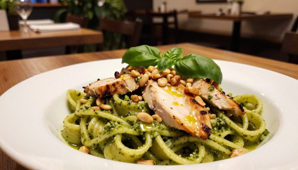 A close-up view of a beautifully plated dish of makaron pesto, featuring al dente pasta tossed in a vibrant green basil pesto sauce. The dish is garnished with tender grilled chicken slices and toasted pine nuts sprinkled generously on top, creating an inviting texture and contrast. In the foreground, the pasta glistens with a light sheen, ready to be enjoyed. In the middle ground, a sprig of fresh basil adds a pop of color, while a drizzle of olive oil glistens under soft, warm lighting. The background is an Italian trattoria setting, lightly blurred with rustic wooden tables and a hint of greenery, creating a cozy and inviting atmosphere. The scene feels warm and appetizing, evoking the essence of an authentic Italian dining experience.
