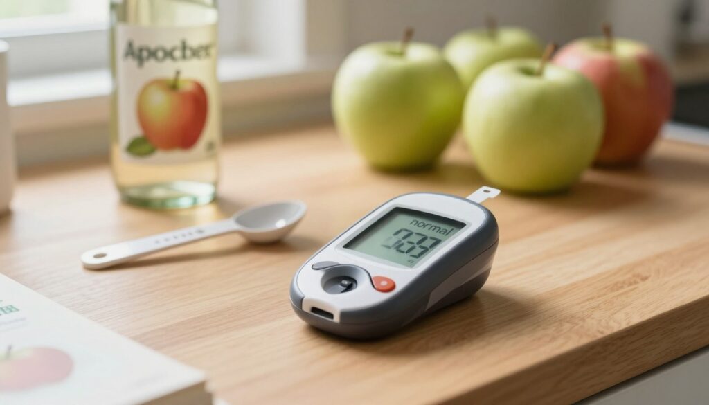 A close-up view of a blood glucose meter displaying a reading of "normal" levels, placed on a wooden kitchen table. In the background, a bottle of apple cider vinegar is partially visible alongside fresh apples and a measuring spoon, emphasizing its health benefits. Soft natural light filters in from a nearby window, creating a warm and inviting atmosphere. The background is slightly out of focus to enhance the main subject, while subtle details like a health-related cookbook can be seen on the table's edge to suggest a lifestyle theme. This image conveys the relationship between diet and blood sugar levels. A close-up view of a blood glucose meter displaying a reading of "normal" levels, placed on a wooden kitchen table. In the background, a bottle of apple cider vinegar is partially visible alongside fresh apples and a measuring spoon, emphasizing its health benefits. Soft natural light filters in from a nearby window, creating a warm and inviting atmosphere. The background is slightly out of focus to enhance the main subject, while subtle details like a health-related cookbook can be seen on the table's edge to suggest a lifestyle theme. This image conveys the relationship between diet and blood sugar levels.