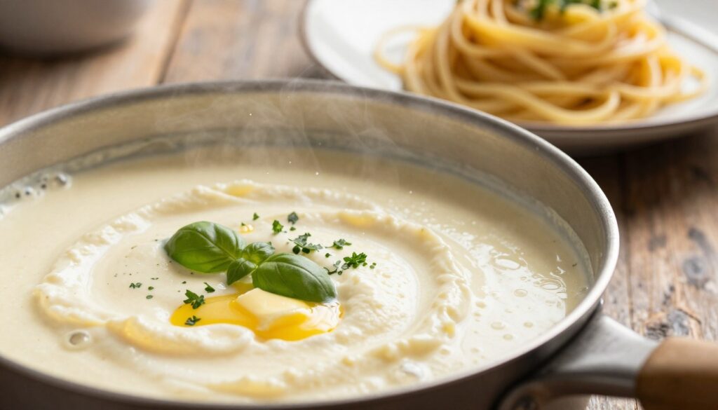 A close-up view of a rich, creamy sauce featuring melted butter and mascarpone cheese, swirled together to create a velvety texture. The foreground showcases a small pot with the sauce gently bubbling, with droplets of steam rising. In the middle, sprinkle some freshly chopped herbs, like basil and parsley, adding a pop of color. The background includes a rustic wooden table, with a beautiful plate of spaghetti artfully arranged, glistening under soft, diffused natural light. The ambiance is warm and inviting, evoking a sense of comfort and deliciousness. The image should capture the essence of a gourmet kitchen, inviting viewers to appreciate the beauty of creamy sauces in cooking.