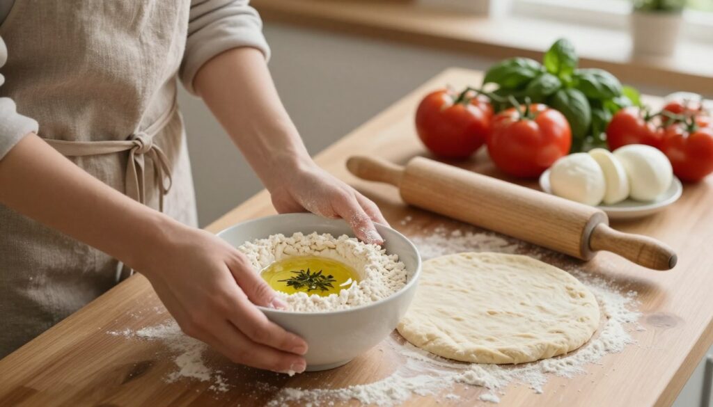 A close-up view of a wooden kitchen countertop where a person, dressed in a modest apron and casual clothing, is preparing a yeast-free pizza dough. The foreground features hands mixing a bowl of flour, water, olive oil, and herbs, showcasing a texture-rich dough. In the middle, a rolling pin is positioned beside a partially rolled-out dough circle, with scattered flour around for an authentic touch. The background includes vibrant ingredients, like fresh tomatoes, basil, and mozzarella, artfully arranged, creating a warm and inviting culinary atmosphere. Soft, natural lighting filters through a nearby window, casting gentle shadows, enhancing the homemade feel of the setting, and evoking a cozy, friendly vibe ideal for a quick, delicious meal.