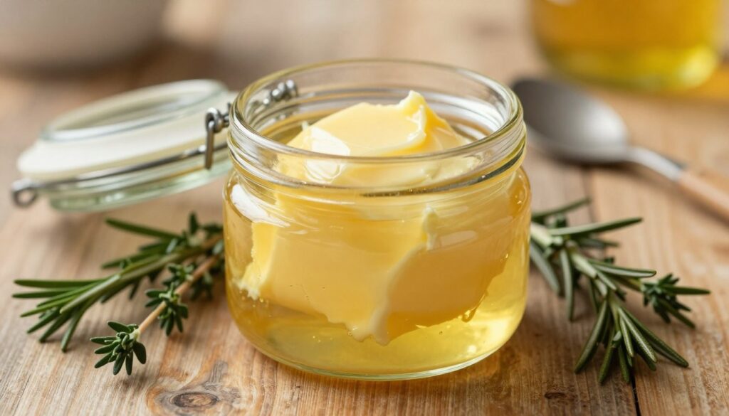 A close-up view of clarified butter, rich and golden, sitting elegantly in a glass jar placed on a rustic wooden kitchen table. The jar is partially open, revealing the smooth texture of the butter inside, with a subtle, glossy sheen. Surrounding the jar are fresh herbs like thyme and rosemary, highlighting the ingredient's culinary versatility. In the background, softly blurred kitchen utensils and a warm, inviting light create a cozy atmosphere. The scene is captured with a shallow depth of field, emphasizing the butter as the focal point. The lighting is soft and warm, suggesting a healthy, nourishing vibe, perfectly reflecting the idea of nutritious fats and vitamins.