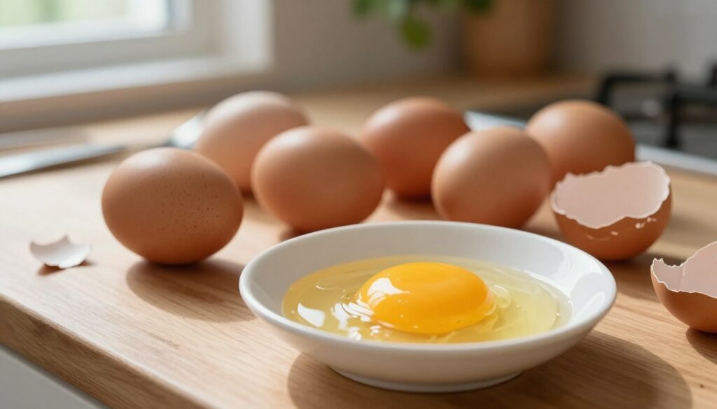 A close-up view of eggs on a wooden kitchen counter, highlighting the cholesterol-rich yolks. The foreground features a cracked open egg, its bright yellow yolk glistening and sitting in an elegant porcelain dish. In the middle ground, several whole eggs, some lightly speckled, are arranged artistically, with a few eggshell fragments scattered around to add texture. The background has soft-focus kitchen utensils and a subtle green plant for a natural feel. The warm, inviting light filters in from a nearby window, casting gentle shadows to create depth. The atmosphere is calm and informative, promoting a sense of healthy eating choices and balanced diets. A close-up view of eggs on a wooden kitchen counter, highlighting the cholesterol-rich yolks. The foreground features a cracked open egg, its bright yellow yolk glistening and sitting in an elegant porcelain dish. In the middle ground, several whole eggs, some lightly speckled, are arranged artistically, with a few eggshell fragments scattered around to add texture. The background has soft-focus kitchen utensils and a subtle green plant for a natural feel. The warm, inviting light filters in from a nearby window, casting gentle shadows to create depth. The atmosphere is calm and informative, promoting a sense of healthy eating choices and balanced diets.