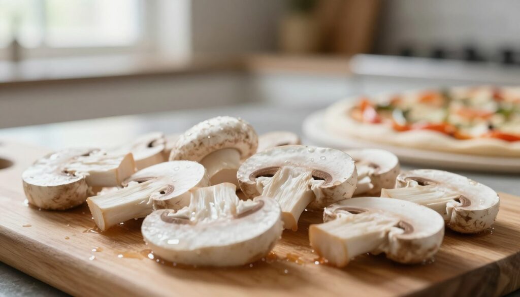 A close-up view of fresh, sliced white mushrooms, prepared for pizza, placed elegantly on a wooden cutting board. The mushrooms should appear glossy, emphasizing their freshness and texture, with droplets of water glistening subtly to suggest cleansing and readiness for cooking. In the background, a gently blurred kitchen setting, featuring warm, diffused natural light coming from a window, enhances the cozy atmosphere. A soft-focus pizza stone with a partially prepared pizza sits nearby, hinting at the culinary process. The framing should showcase the mushrooms prominently in the foreground, ensuring they capture the viewer's attention while evoking a sense of appetite and anticipation for a delicious homemade pizza.