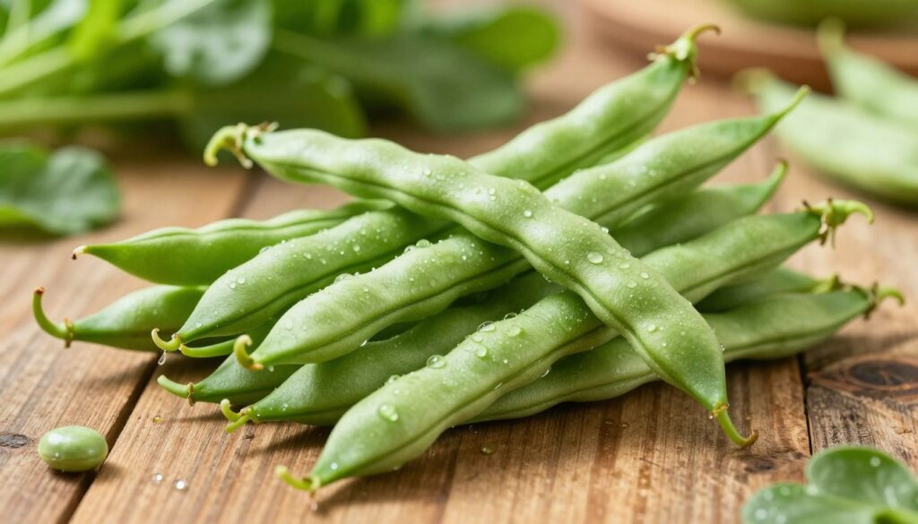 A close-up view of fresh, vibrant green "fasolka szparagowa" (green beans) arranged artistically on a rustic wooden table. The beans are glistening with dew, showcasing their smooth texture and healthy sheen. Incorporate a subtle background of blurred, leafy greens and other vegetables to create a fresh market atmosphere. Soft, natural sunlight filters through, casting gentle shadows that enhance the colors and textures of the beans. The lens should focus sharply on the beans, capturing their detail while creating a warm, inviting mood. This composition conveys healthiness and vitality, reflecting the nutritious elements of the subject.